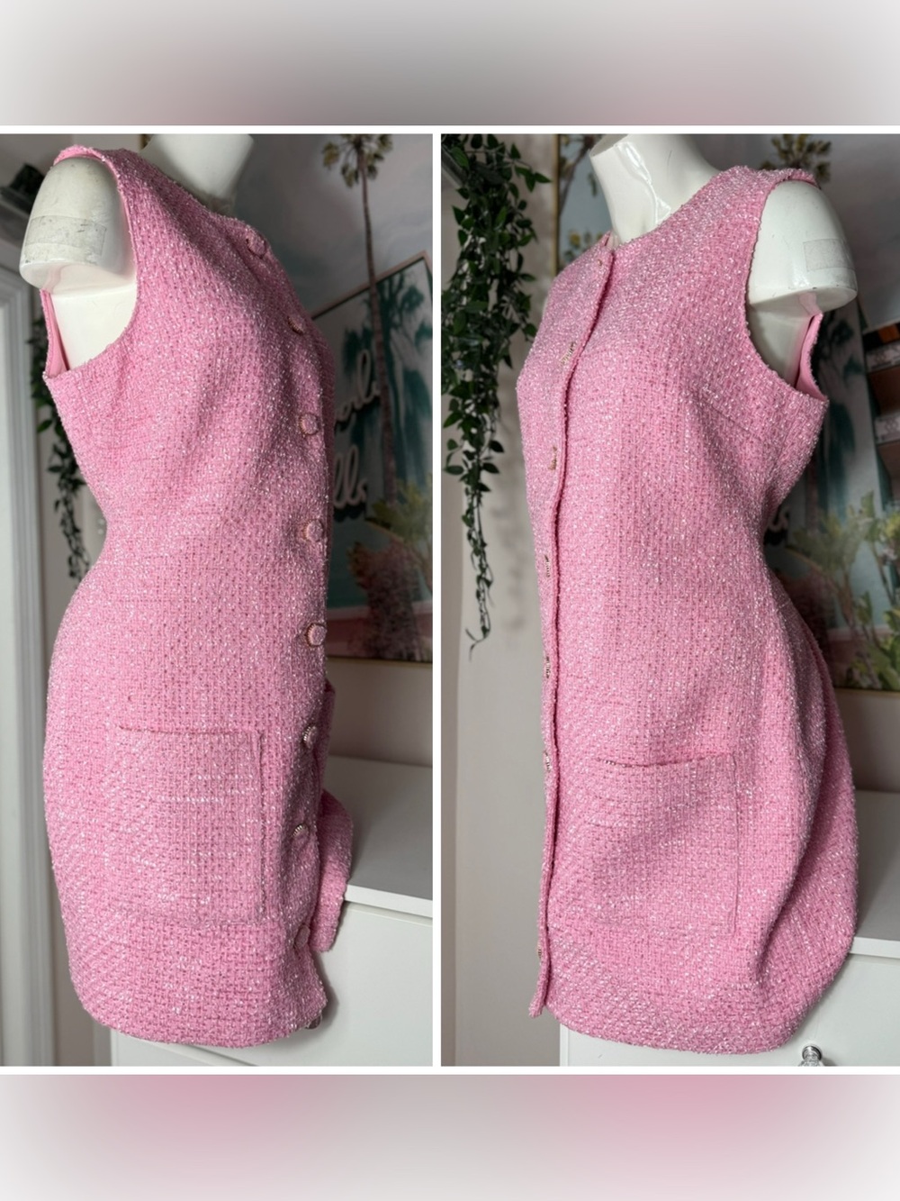 Endless Rose Pink Tweed Mini Dress Sleeveless Button Front Pockets Size Large - Picture 10 of 12
